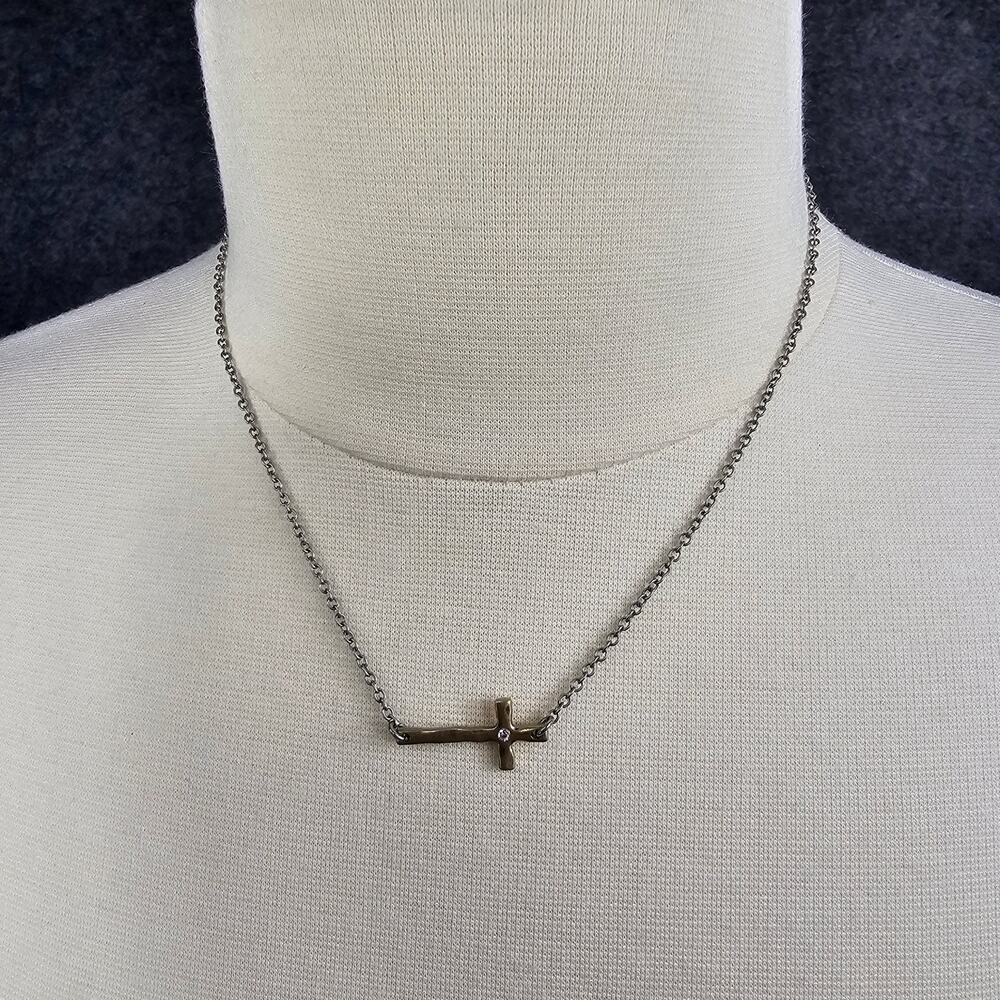 Horizontal Sideways Cross Necklace Adjustable Rhinestone Brass JK by Thirty One